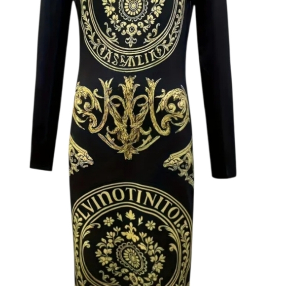 Stylish Black And Golden Baroque Totem Print Dress XXL Long Sleeves - Picture 5 of 6